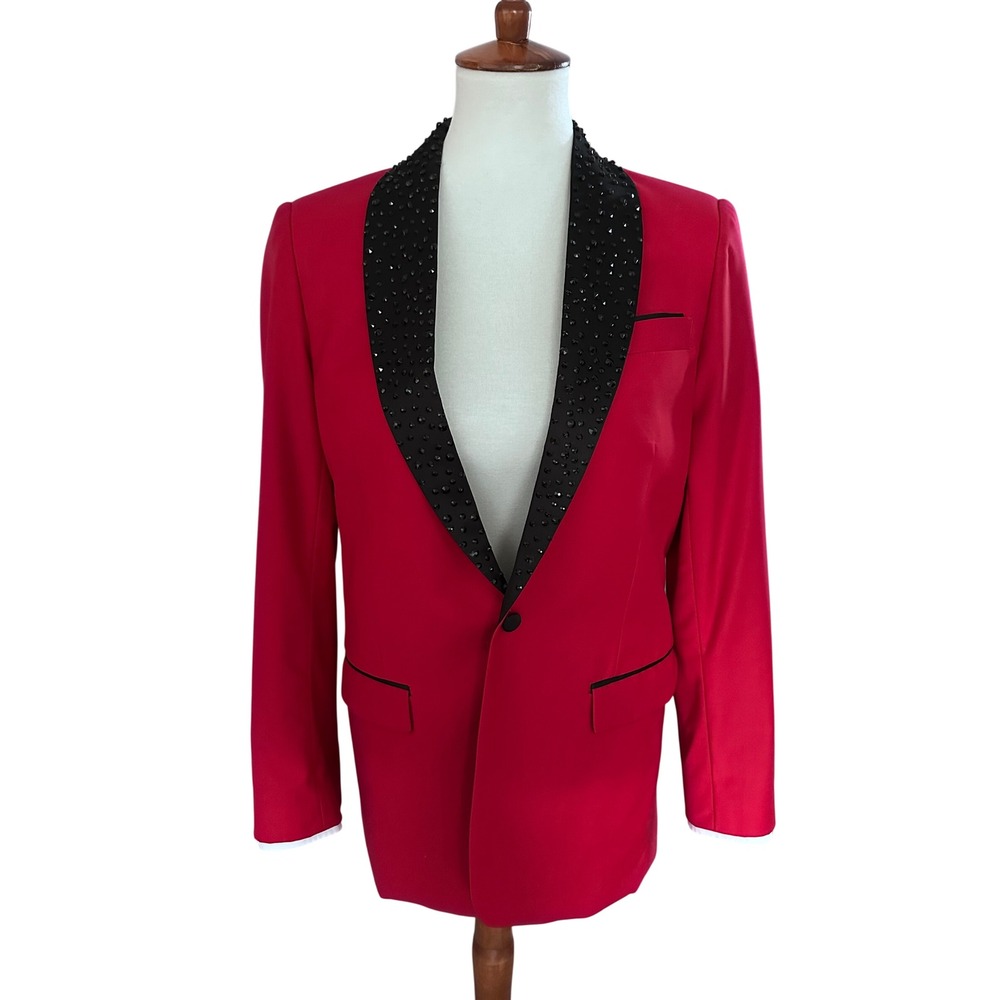 Statement Rhinestone Shawl Tuxedo Blazer Women S - M - 100% Wool Italy Hollywood